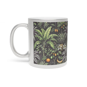 Tropical Metallic Mug, Gold or Silver - Tropical Palms & Fruit, Black