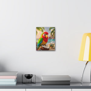 Tropical Parrot Canvas Wall Art — Colorful Beach Scene with Coffee Cup