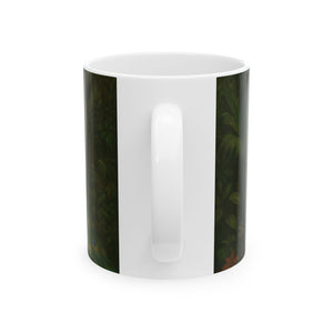Ceramic White Mug - 11oz & 15oz, Puppy Ariel and Peacock