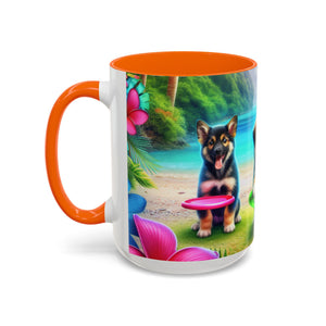 Cute Beach Puppies Playing Frisbee - Black Coffee Mug - Perfect Gift for Dog Lovers