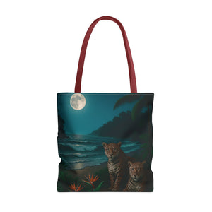 Tropical Beach & Jaguars Tote Bag, Black - 3 Sizes