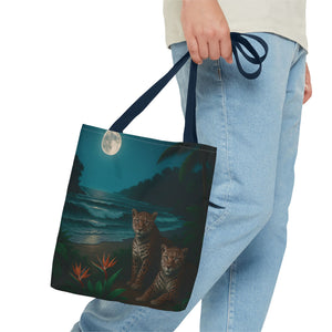 Tropical Beach & Jaguars Tote Bag, Black - 3 Sizes