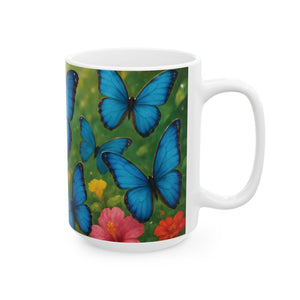 Ceramic White Mug - 11oz & 15oz,  Morpho Butterflies Flight