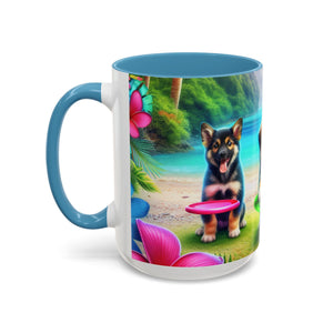 Cute Beach Puppies Playing Frisbee - Black Coffee Mug - Perfect Gift for Dog Lovers