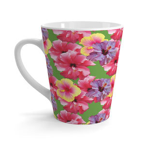 Latte White Mug - Real Hisbiscus Flowers Trio/Green