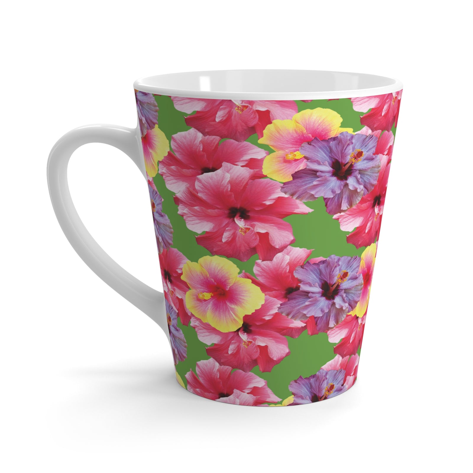 Latte White Mug - Real Hisbiscus Flowers Trio/Green
