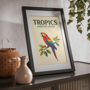 Tropics Parrot Framed Poster — Vintage Coffee Artwork