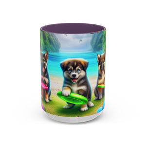 Cute Beach Puppies Playing Frisbee - Black Coffee Mug - Perfect Gift for Dog Lovers