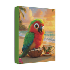 Tropical Beach Canvas - Tiki the Parrot Sunrise Wall Art, Green