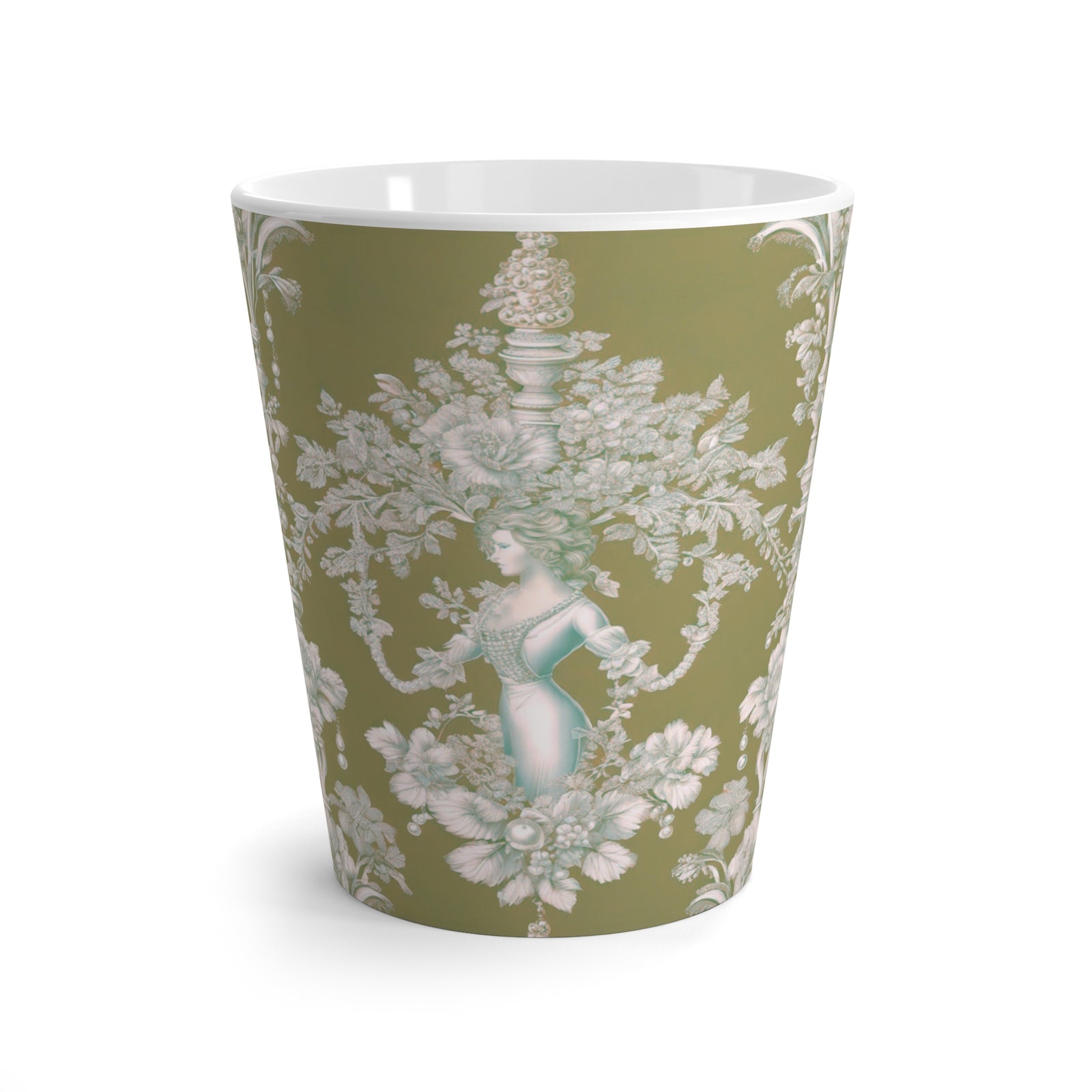 Latte White Mug - Perfect for Coffee Enthusiasts / Pearl Lady Toile, highborn green