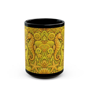 Black Coffee Mug - Seahorse Trio, Yellow