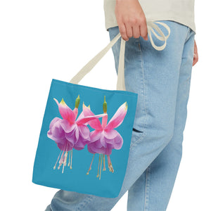 Two Fuschsias Tropical Flower Tote Bag/Turquoise - 3 Sizes