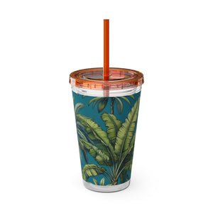 Tropical Tumbler with Straw | 16 oz: Tropical Palms & Fruit, Blue