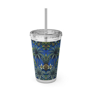 Tropical Tumbler with Straw | 16 oz: Tropical Palms & Fruit, Blue