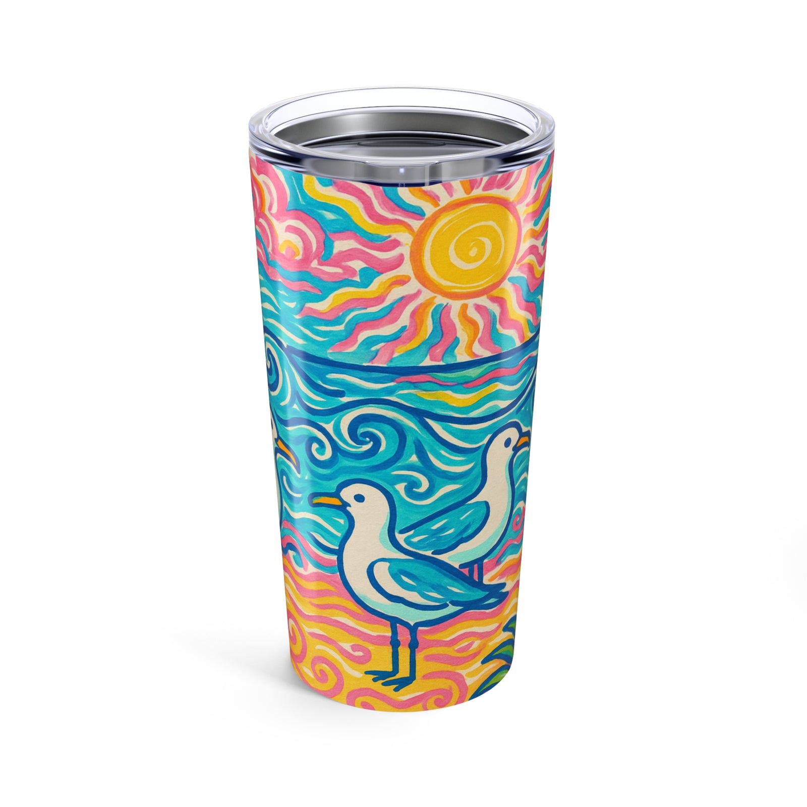 20oz Tropical Glossy Tumbler, Stainless Steel / Beach Seagulls
