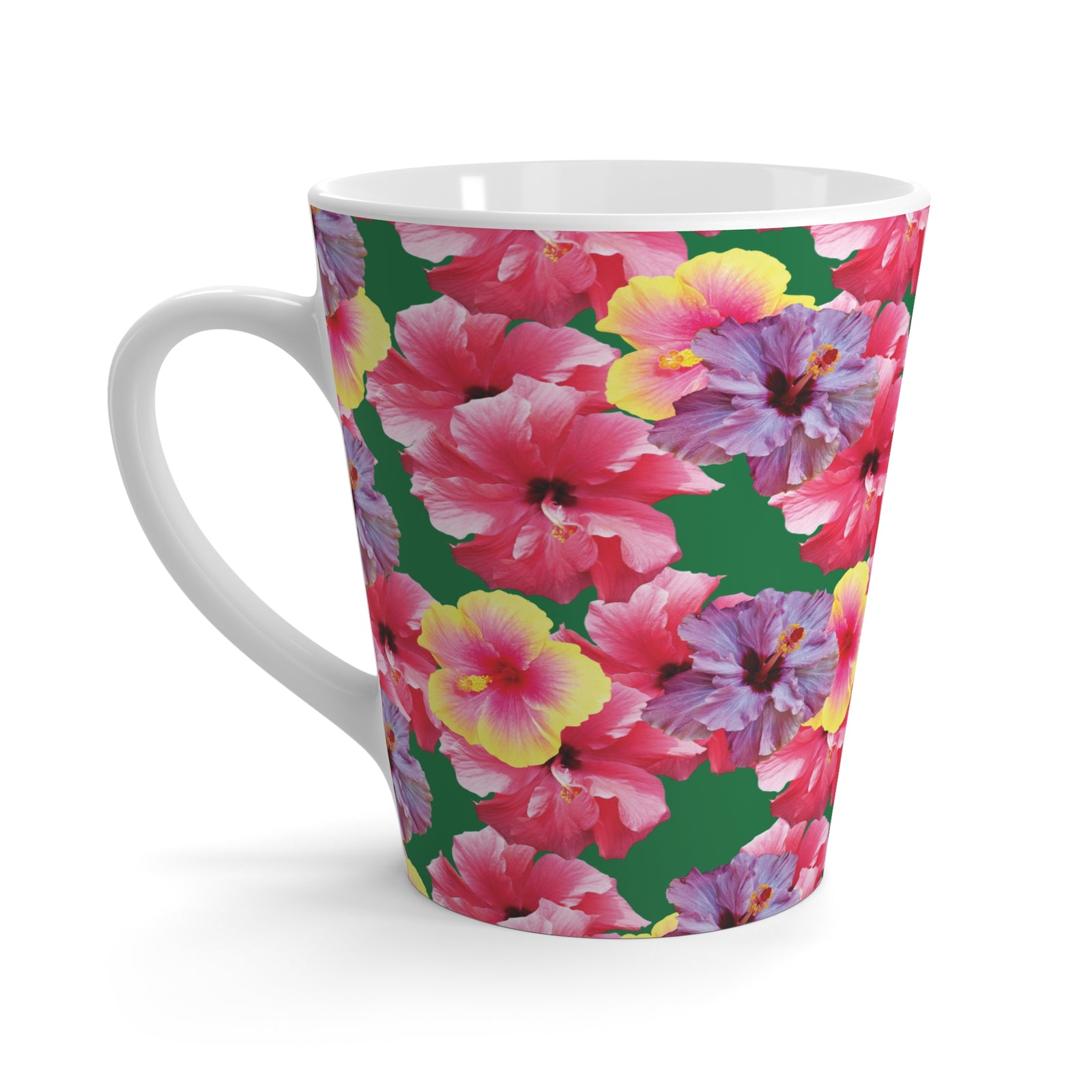 Latte White Mug - Real Hisbiscus Flowers Trio/Dark Green