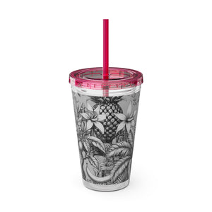 Tropical Tumbler with Straw | 16 oz: Tropical Palms & Fruit, Noir