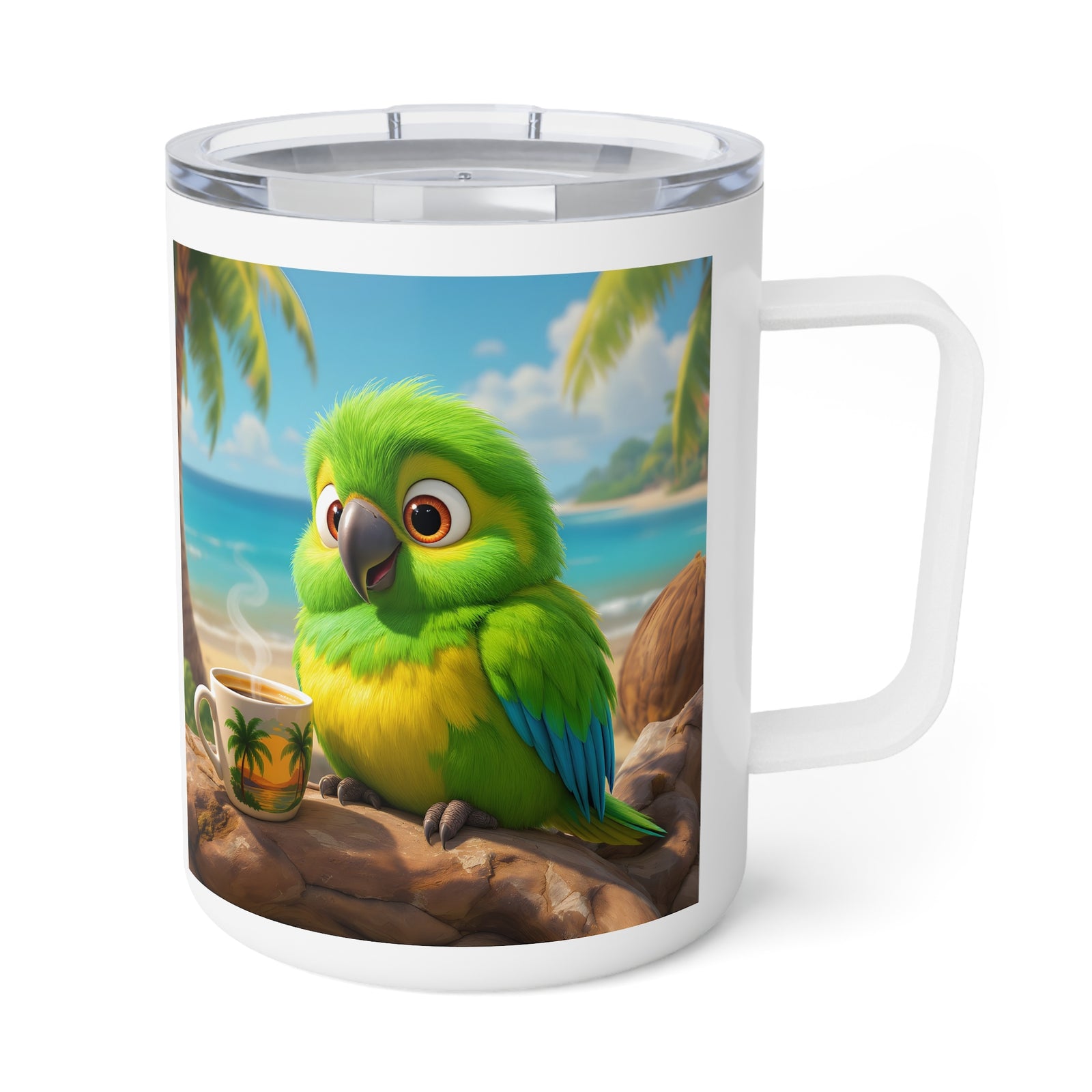 10oz Insulated Coffee Mug — Lulu the Parrot at Beach