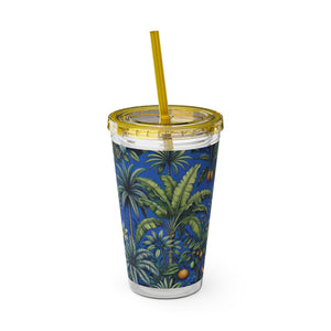 Tropical Tumbler with Straw | 16 oz: Tropical Palms & Fruit, Blue