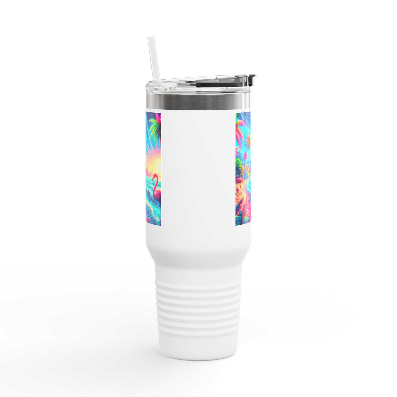 Insulated Travel Mug, 40oz / Pop Art Flamingo Beach