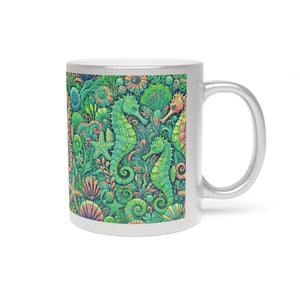 Tropical Metallic Mug, Gold or Silver - Seahorse Trio, Lime