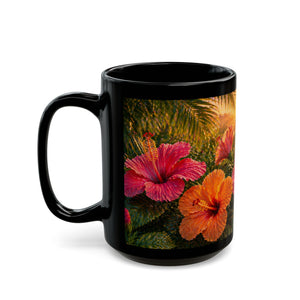 Tropical Hibiscus Sunset Mug — Floral Black Coffee Cup (11oz/15oz)