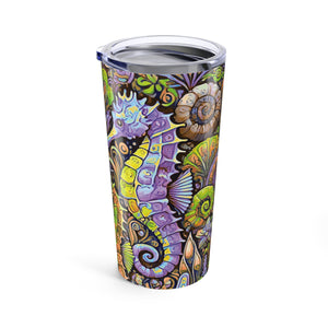 20oz Tropical Glossy Tumbler, Stainless Steel / Seahorse Trio, Yellow/Purple
