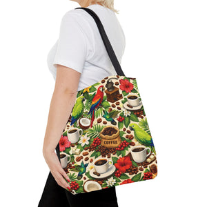 Tropical Parrots & Coffee Tote Bag, Green - 3 Sizes