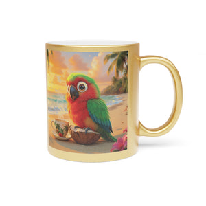 Tropical Metallic Mug, Gold or Silver - Tiki the Parrot Drinks Coffee