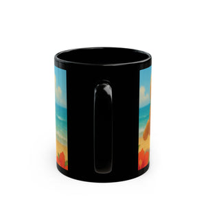 Black Coffee Mug - Two Puppies on Beach
