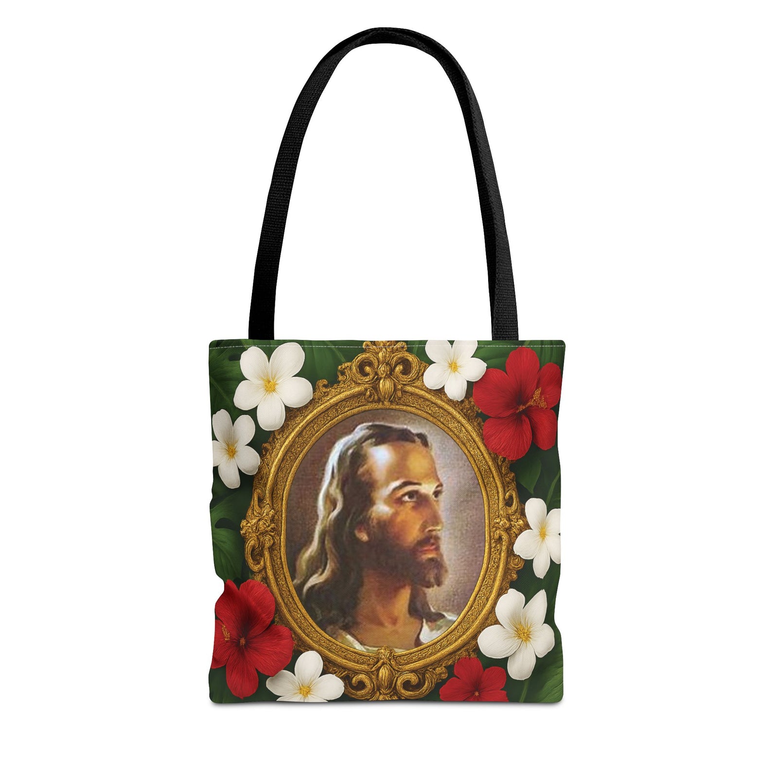 Religious Art Polyester Tote Bag, 3 Sizes / "Head of Christ" Jesus Portrait, Red Flowers