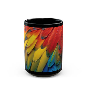 Black Coffee Mug - Colorful Macaw Parrot Feathers