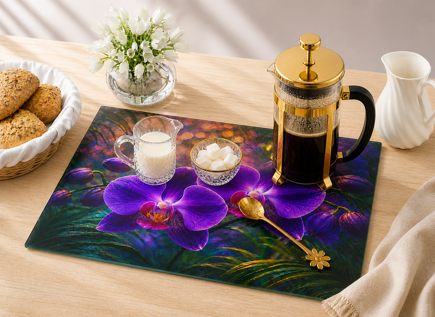 Glass Coffee Station Tray — Twilight Orchids, Glass, 2 sizes