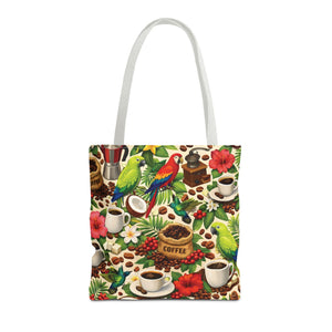 Tropical Parrots & Coffee Tote Bag, Green - 3 Sizes