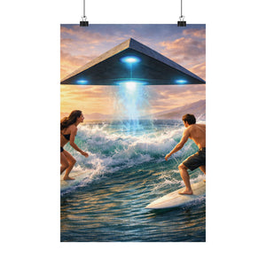Surfing Encounter UFO Poster — Matte Vertical Sci‑Fi Beach Art Print