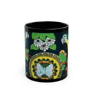 Black Coffee Mug- Parrots & Real Butterfly Wings