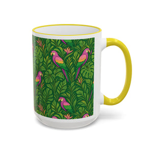 Accent Rim & Handle Coffee Mug ~ Parrot Family, Pink