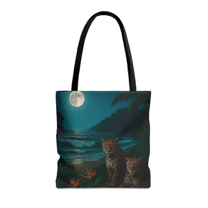 Tropical Beach & Jaguars Tote Bag, Black - 3 Sizes