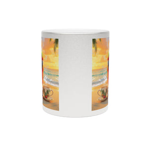 Tropical Metallic Mug, Gold or Silver - Tiki the Parrot Drinks Coffee