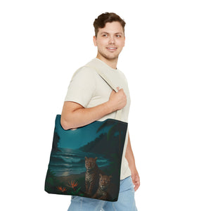 Tropical Beach & Jaguars Tote Bag, Black - 3 Sizes