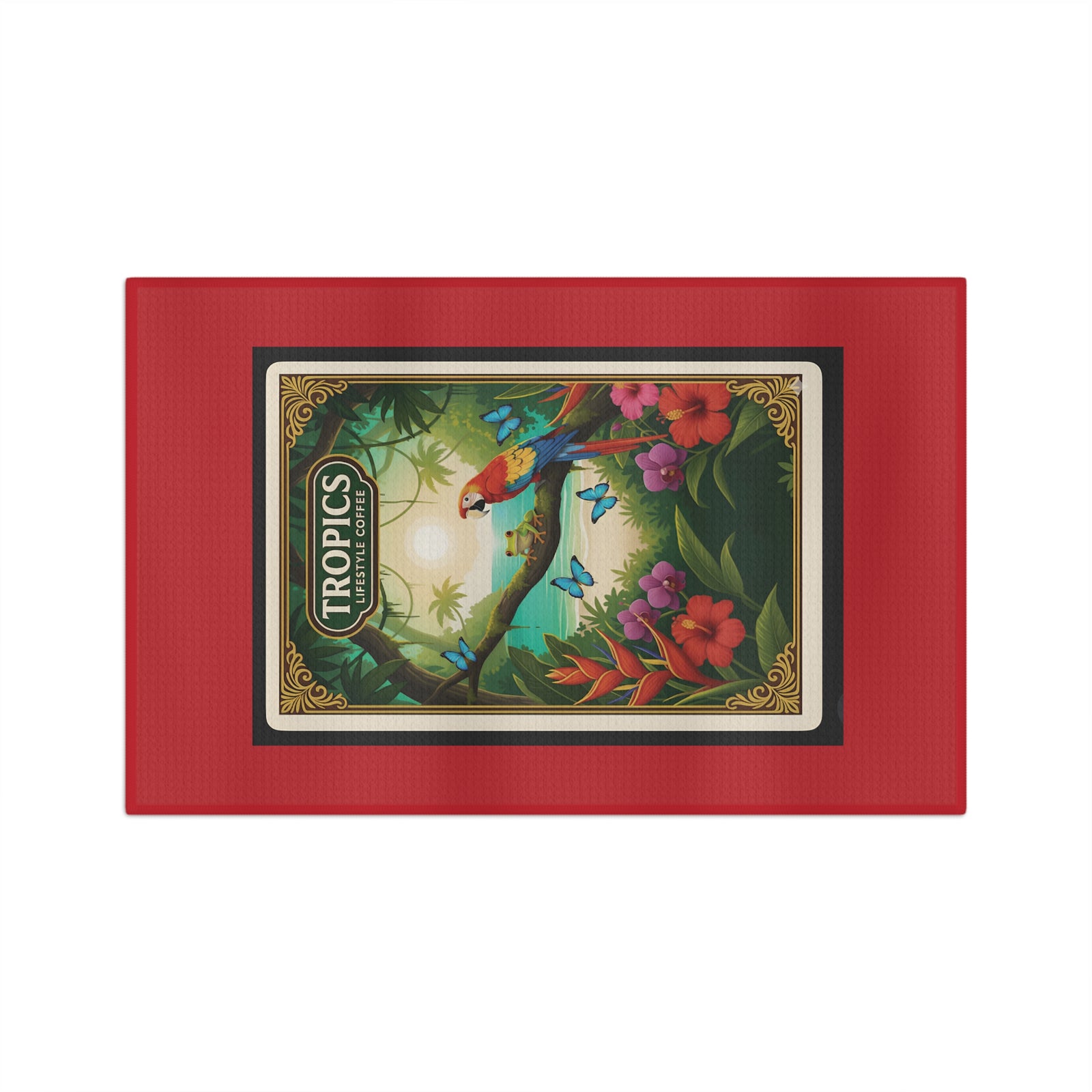 Tropical Microfiber Coffee/Tea Towel — Vintage Jungle Seaside Friends, Dark Red