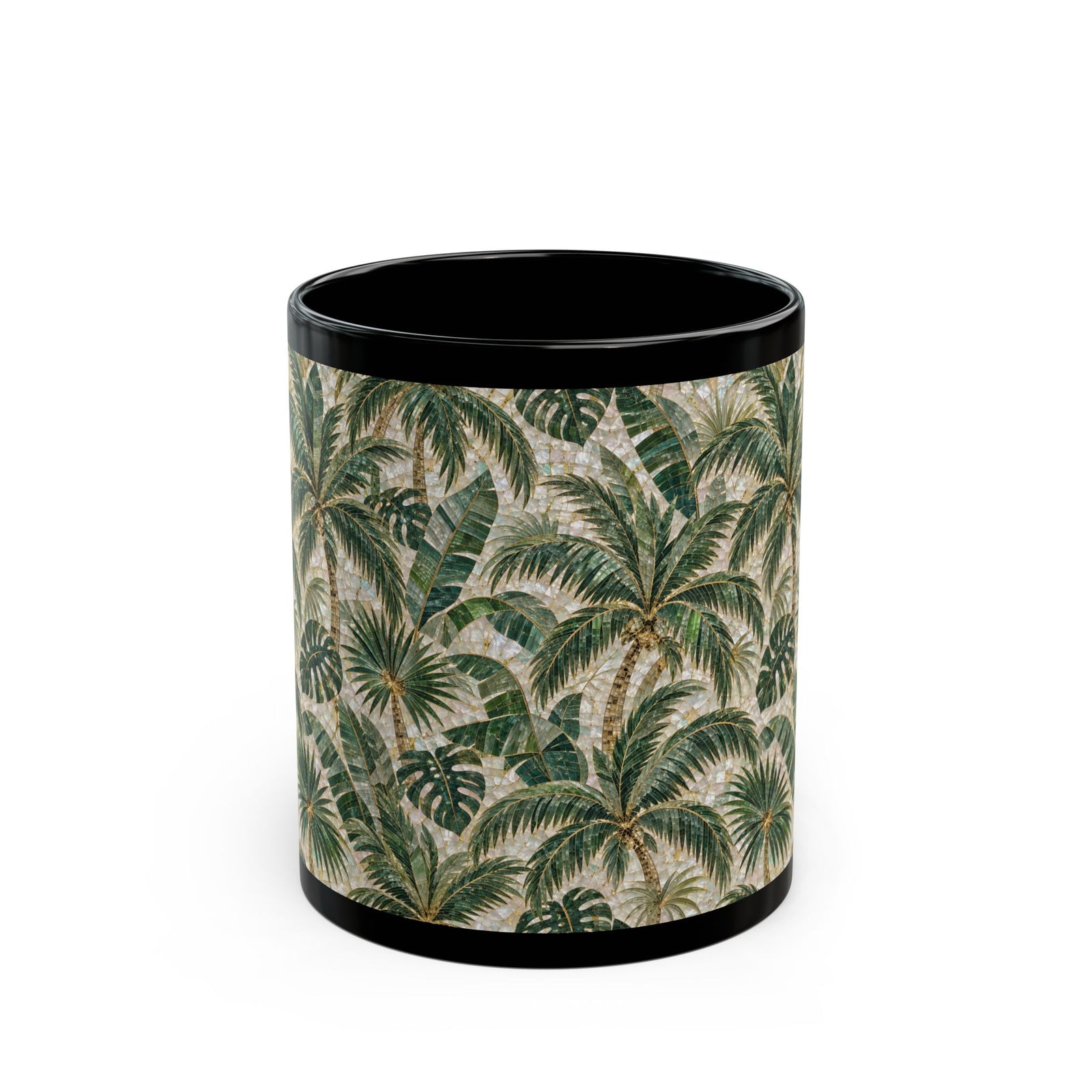 TropicalBlack Mug, 11 & 15 oz – Botanical Palm Mosaic Coffee Cup