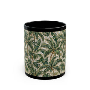TropicalBlack Mug, 11 & 15 oz – Botanical Palm Mosaic Coffee Cup