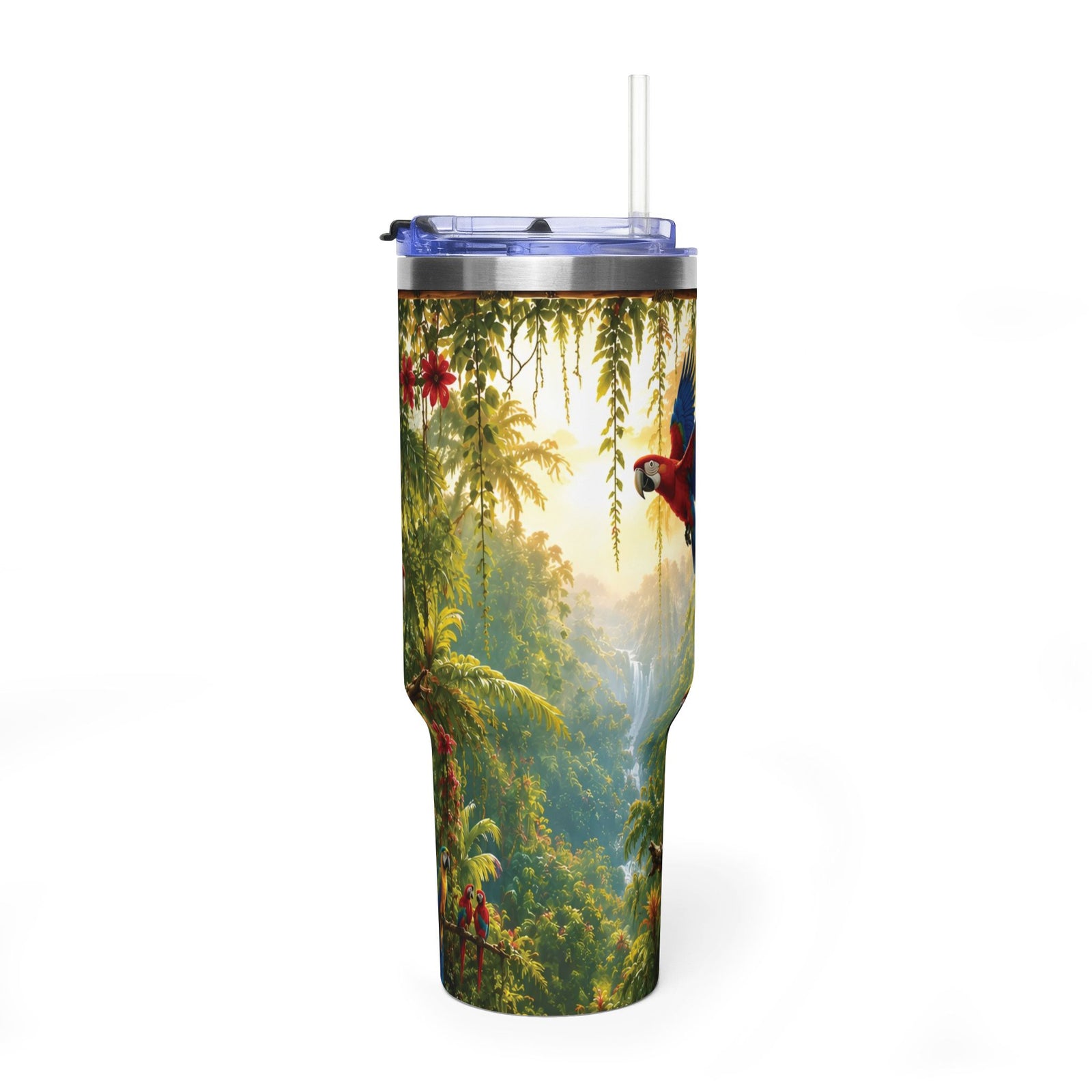 40oz Tropical Parrot Vacuum Tumbler — Insulated Travel Mug with Straw