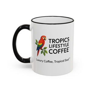 Accent Rim & Handle Coffee Mug ~ Tropics Lifestyle Coffee Parrot Logo