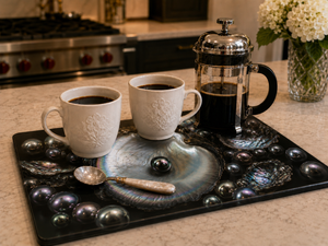 Glass Coffee Station Tray — Iridescent Black Pearl Oyster