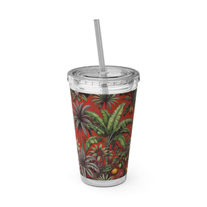 Tropical Tumbler with Straw | 16 oz: Tropical Palms & Fruit, Red