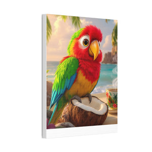 Tropical Parrot Canvas Wall Art — Colorful Beach Scene with Coffee Cup