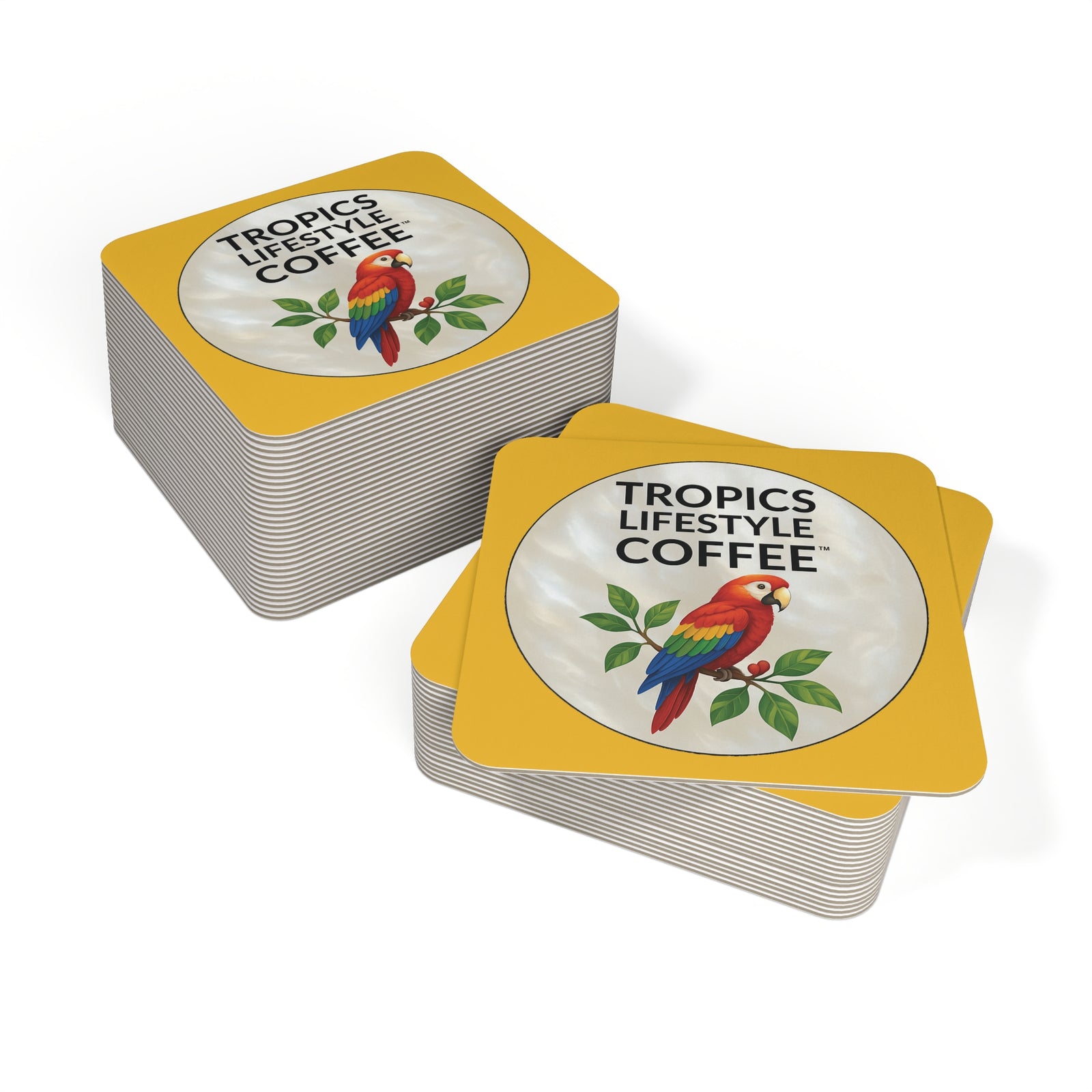 Bulk Hardboard Coffee Coasters — Parrot MOP Logo (50/100 pcs), yellow
