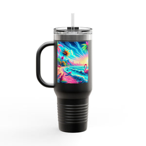 Insulated Travel Mug, 40oz / Pop Art Flamingo Beach